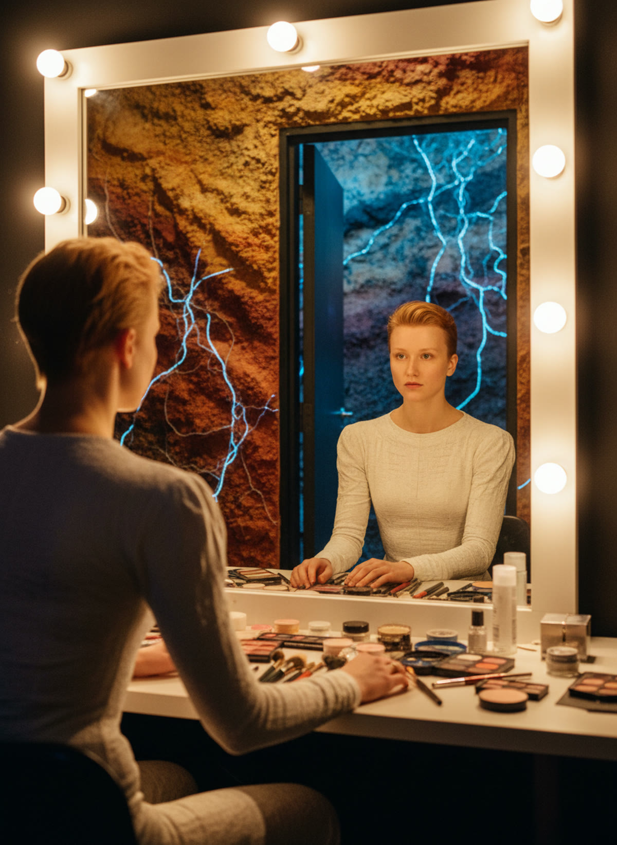 Malin in preparation, backstage mirror