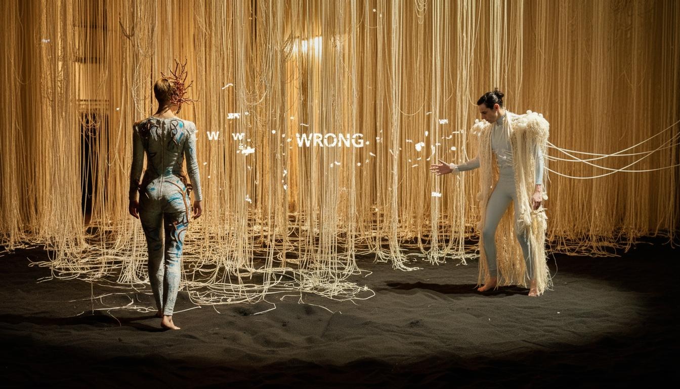 Judith towers over Bluebeard in mycelium vestments, blue-lit concrete chamber