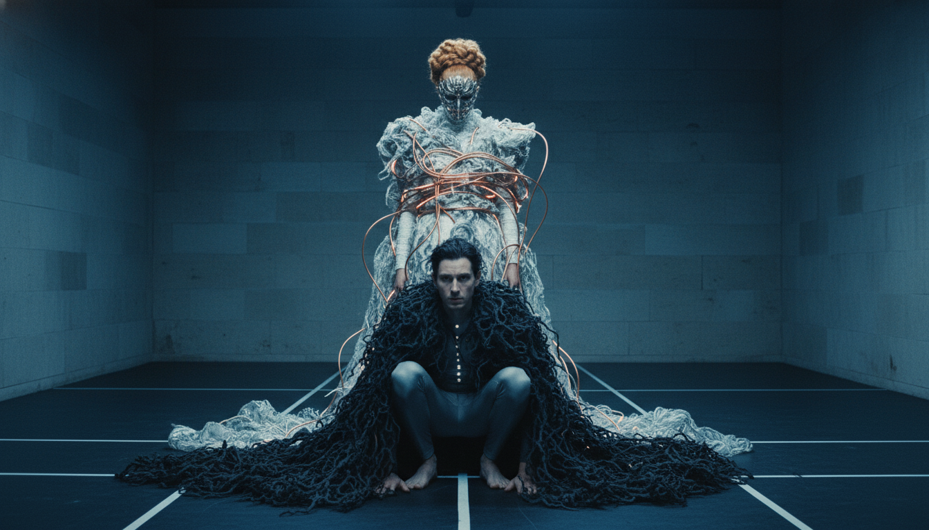 Judith in copper-wired vestment stands over Bluebeard, seated in a tangled black mass on a concrete floor