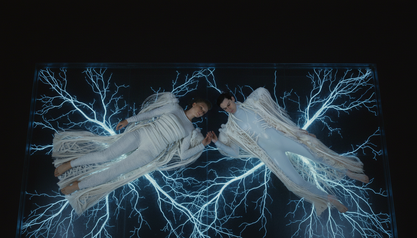 Two figures lying side by side on an illuminated floor, surrounded by branching mycelium light