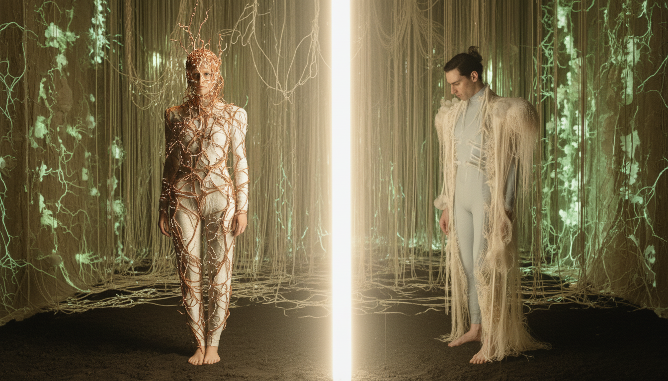Two figures separated by a vertical beam of light, framed by hanging mycelium fibers
